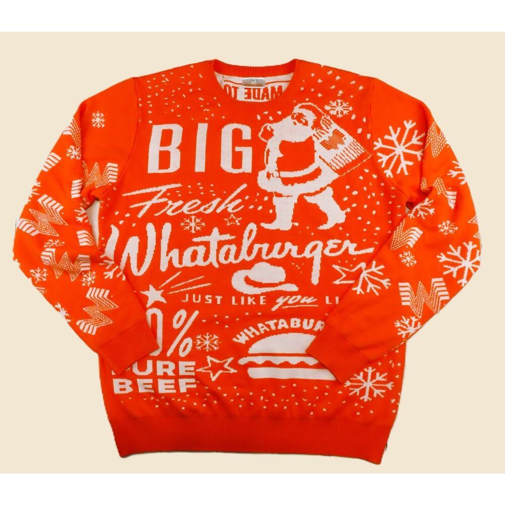 Whataburger Ugly Christmas Sweater Mens XL Pullover Orange Santa Logo Hamburger